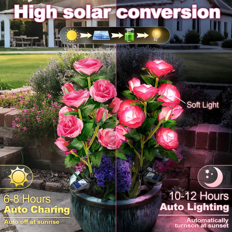 Anordsem Solar Garden Lights Outdoor: 10 Waterproof Fabric Roses Flower 2 Pack - LED Pink Landscape Lighting for Yard Cemetery Decorative - Christmas Gifts for Mom Homeowner Over 30 - Image 4